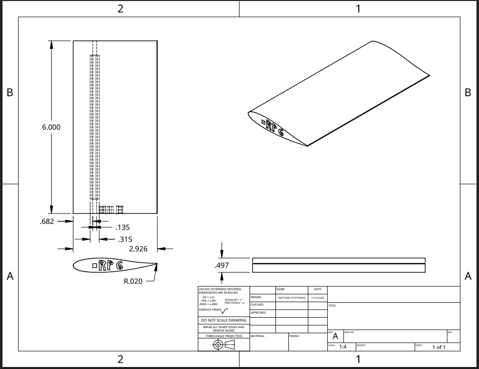 Dimensioned manufacturing drawing of the finalized airfoil profile